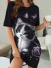 New Women'S Butterfly And Cat Print Pajamas. Comfortable Short-Sleeve Round-Neck T-Shirt Dress. Suitable for All Seasons. Made Of. Machine Washable. a