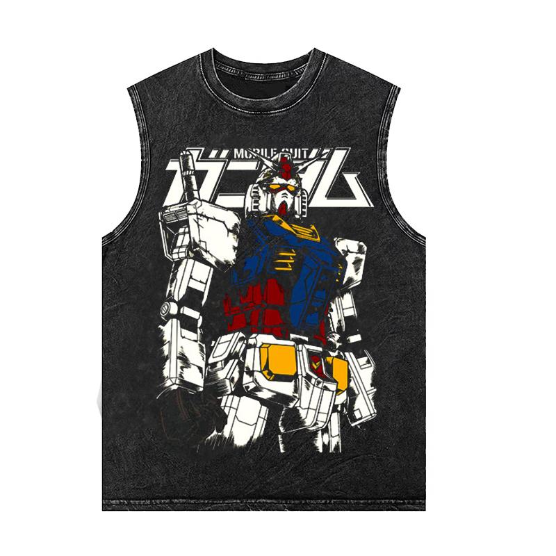 Anime Gundam Men's Tank Tops Printed Summer Women's Gym T Shirts Oversized Vintage Washed Vest Sleeveless Shirt Y2k Clothes