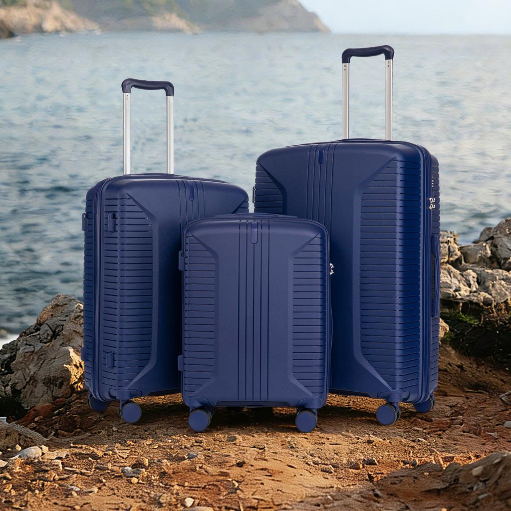 20"/24"/28" 3-Piece PP Spinner Luggage Set – Sizes with Side Handles, Hanging Hooks & Protective Feet – Integrated Combination Lock(Blue)