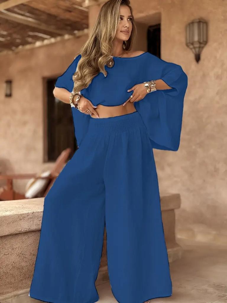 Braunes Fledermausärmel Off-Shoulder Oberteil mit hochtaillierter Hose mit weitem Bein Zweiteiliges Set