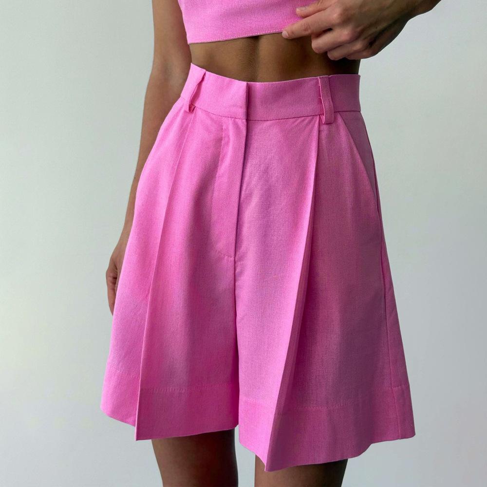 High Waisted Pleated Linen Blend Wide Leg Casual Shorts S