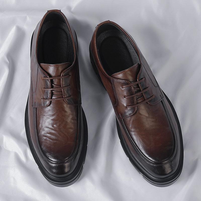 

Inner height increase 10CM leather shoes men s hand scratch dress shoes low-top lace-up thick-soled British breathable groom wedding shoes 37