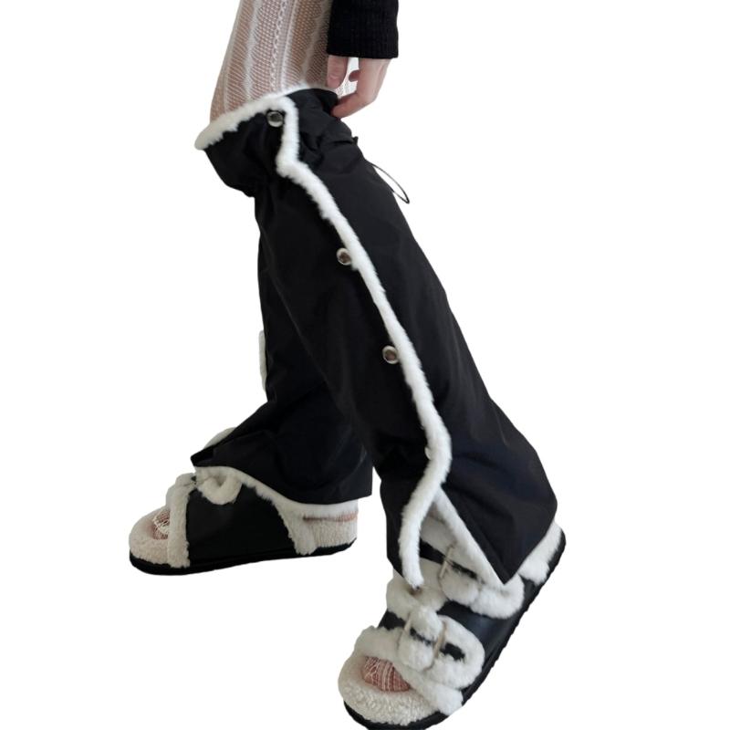 Women's Slouchy Leg Warmers with Side Split Buttons Solid Color Fleece Lined Drawstring Leg Covers Footless Long Socks