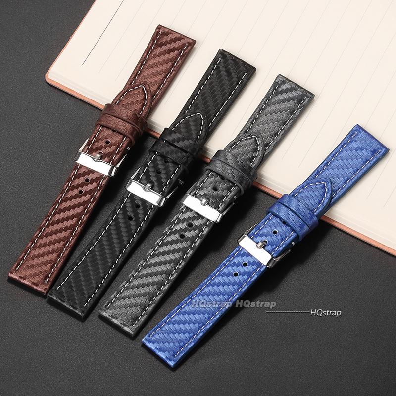 Leather Bracelet Carbonfiber Grain Watchband 18mm 20mm Red Orange Blue Brown Stitching Watch Band 22 24mm Watch Strap for Seiko