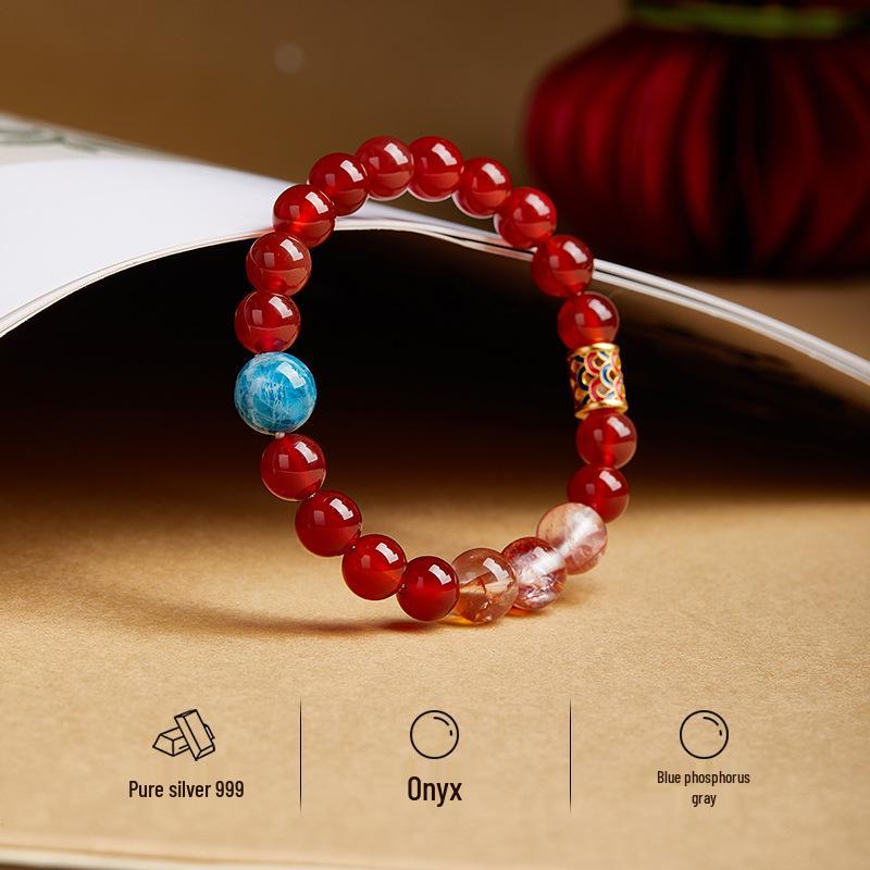 999 Sterling Silver Red Agate and Blue Apatite Bead Bracelet with Crystal Flower - Women's New Year Gift, Chinese Style