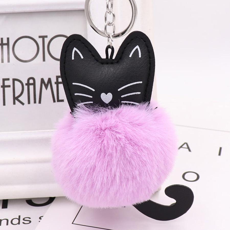 Adorable Black Kitten Keychain with Faux Fur Ball Charm - Cat Plush Toy Accessory
