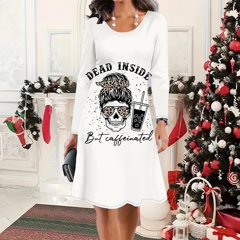 

2025 Осень и Зима Новое Повседневное Женское Платье с Круглым Вырезом 3D Хэллоуинский Узор Идеальный Подарок на Хэллоуин Рождество 8XL слоновая кость