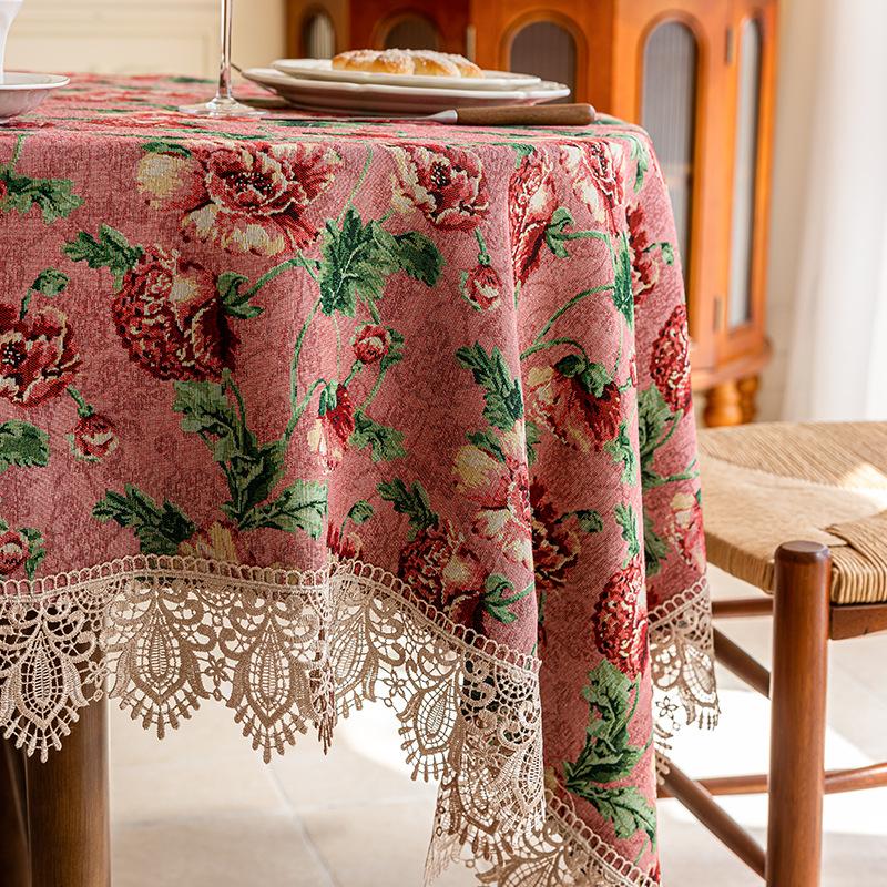 Tablecloth Rectangle Lace Fringed Tablecloth Red Light Luxury High-end American Style Living Room Coffee Table Tablecloth