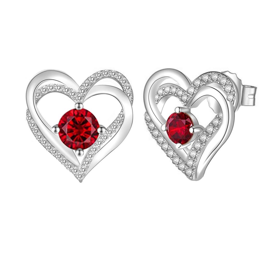 Multicolor Birthstone Ear Studs Heart Stud Earrings Birthday Gift For Women & Girls
