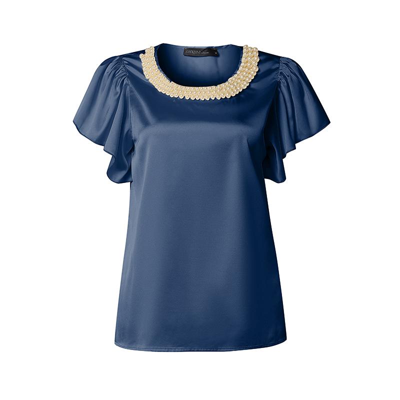 ZANZEA Women Pearl Splice Round Neck Casual Short Sleeve Satin Blouse