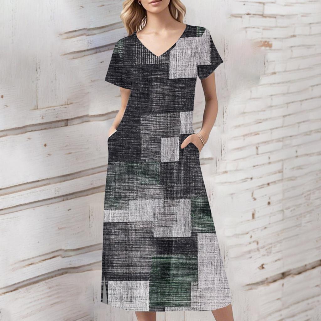 Dámské letní retro šaty s potiskem, s krátkým rukávem, plážové šaty s kapsami, ležérní šaty s výstřihem do V, lem s jedním bočním rozparkem