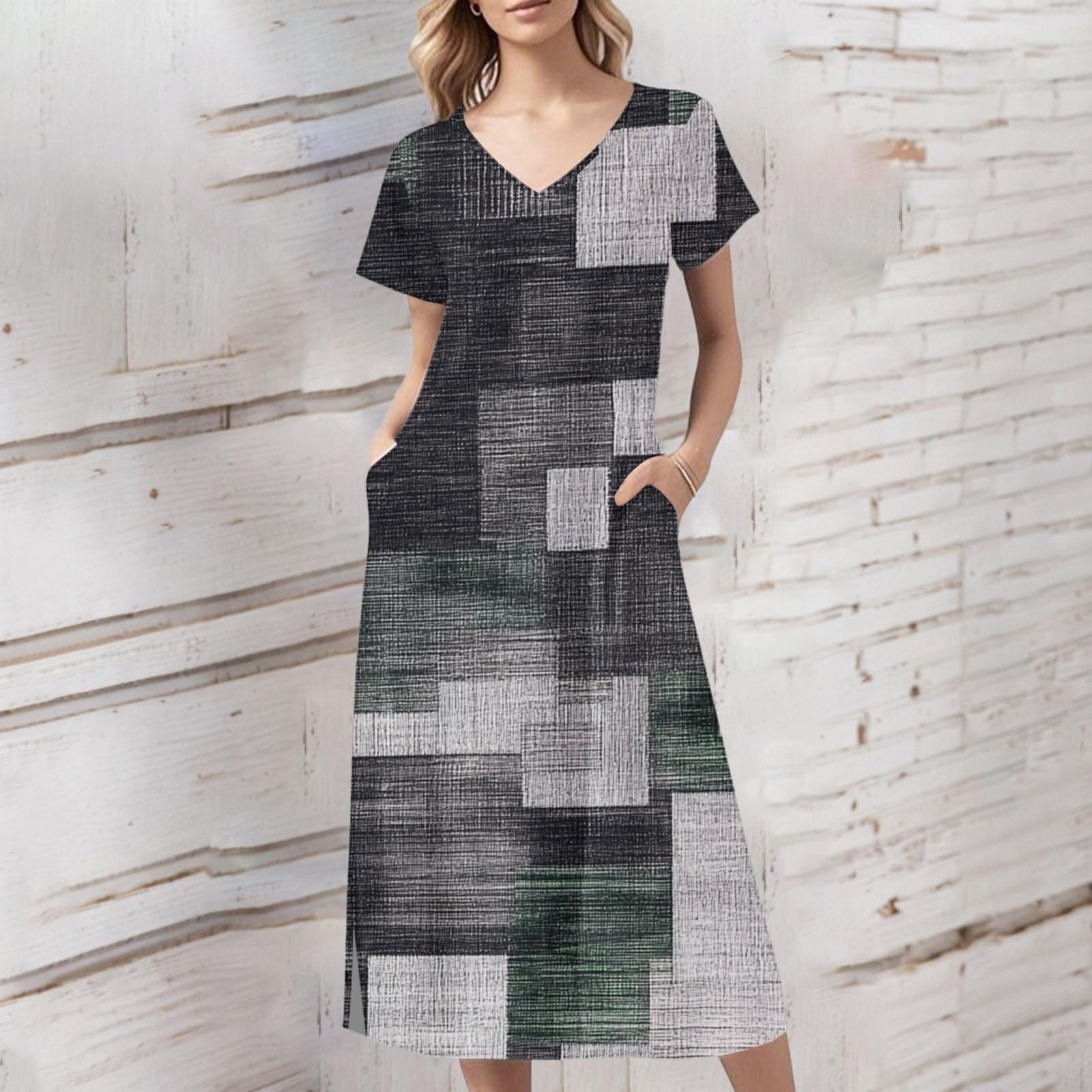 

Женское летнее платье с принтом в стиле ретро, пляжное платье с коротким рукавом и карманами, повседневное платье с V-образным вырезом и разрезом сбоку XL белый