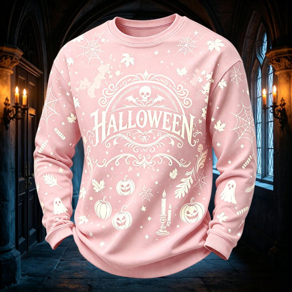 Men's Casual Round Neck Long Sleeve Top with Halloween Print
