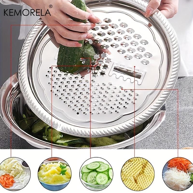 4-in-1 Stainless Steel Multifunctional Basin with Lid Airtight Rice Washer Drain Colander Ginger & Cheese Grater Cooking Tools