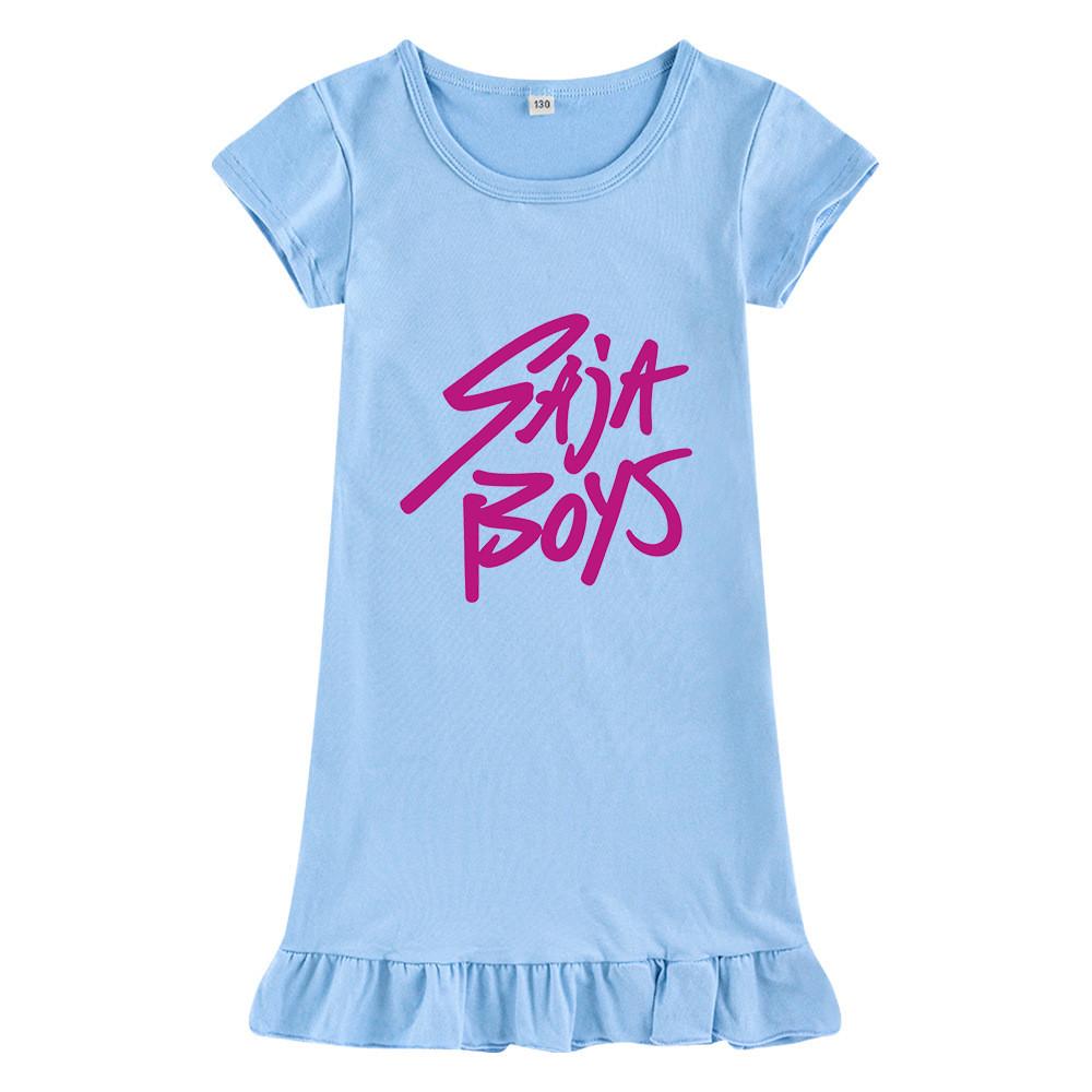 M1205 Kids Girls Sajaboys Kpop Rumi Zoey Mira Print Short Sleeves Ruffle Dress