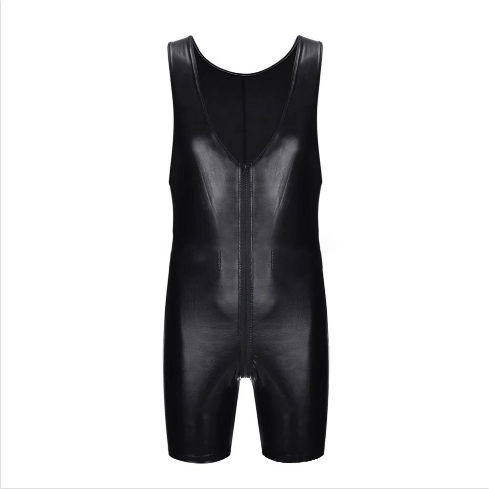 Men Fetish Sexy Lingerie Bodysuit Clubwear Tights Jumpsuit Nightclub Patent Leather Zip Leotard One-Piece Vest Stage Costume