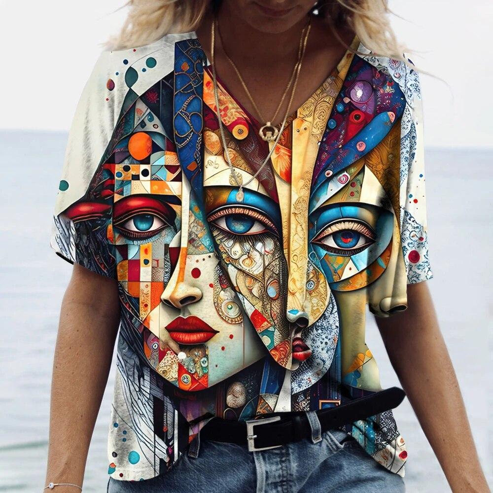 3D Painting Face Women's T-shirt Basic Harajuku Tops Summer Casual Short Sleeve V-Neck Loose Streetwear Female Fashion Pullover