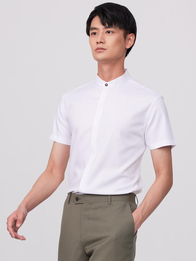 Camicia da Abito da Uomo Estiva a Maniche Corte con Bottoni Nascosti sul Davanti Tinta Unita Senza Taschino Casual Traspirante Collo alla Coreana Camicie Abbottonate Per Attività Commerciali