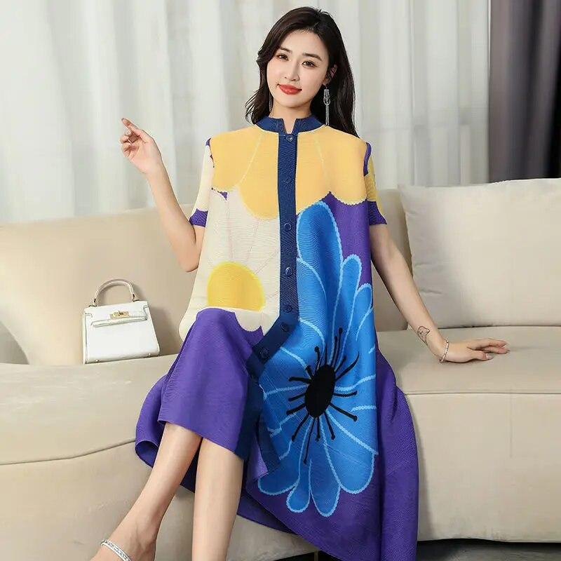 

Платье женское с принтом, элитное свободное, с короткими рукавами, длинная юбка, закрывающая стоячую шею, свернутая иностранная длинная женская одежда. XXXL фиолетовый