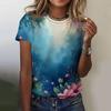 2025 New Summer Temperament Women's Floral Blue Printed Women's T-shirt Round Neck Short Sleeve Street Casual Daily Basic Tops