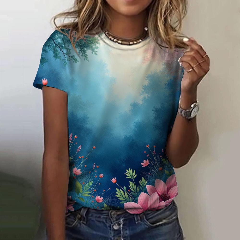 2025 New Summer Temperament Women's Floral Blue Printed Women's T-shirt Round Neck Short Sleeve Street Casual Daily Basic Tops