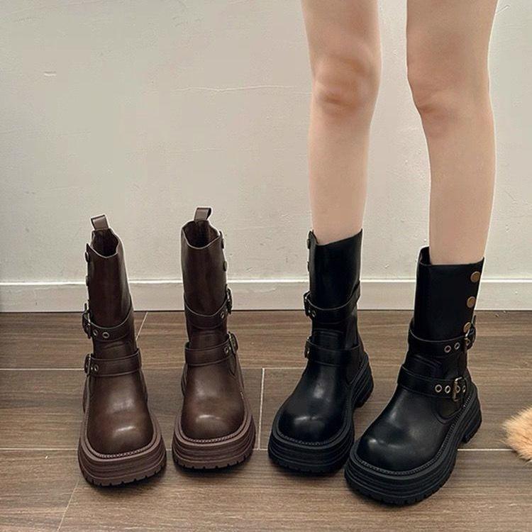 British Style Two Wear Folded Martin Boots Women's 2025 New Autumn Retro Medium Boots Platform Locomotive Short Boots