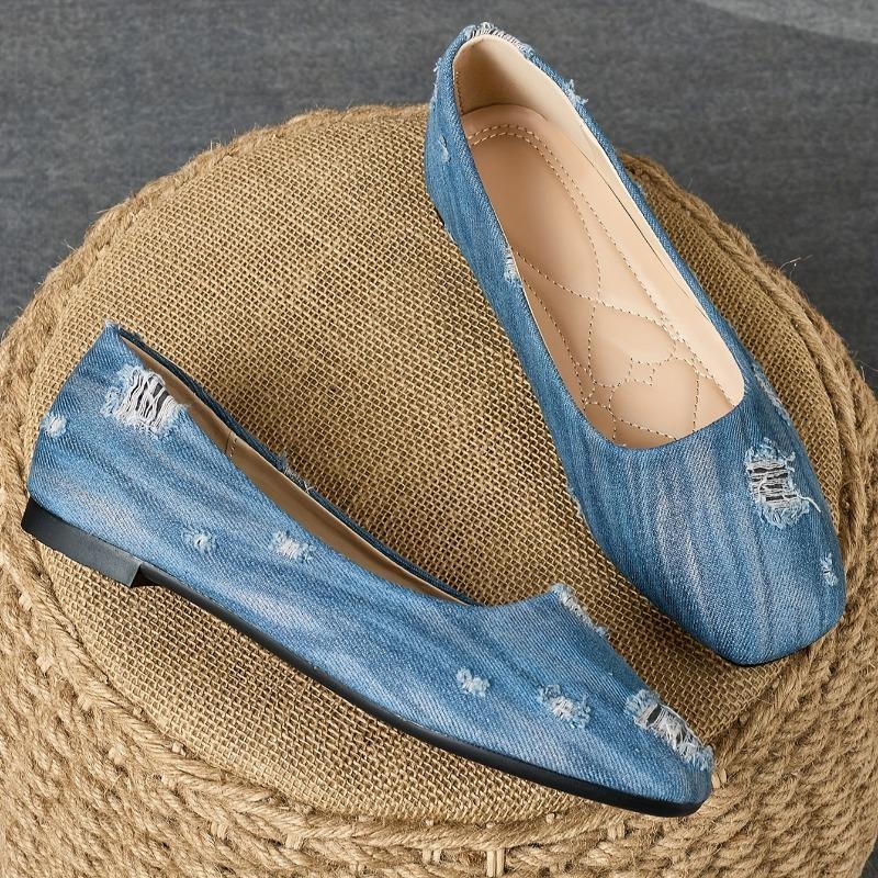Women's Light Blue Slip-On Flats - Casual Square Toe Loafers with Ripped Detailing, Comfortable Rubber Sole Lightweight  Breathable Fabric for All-Day