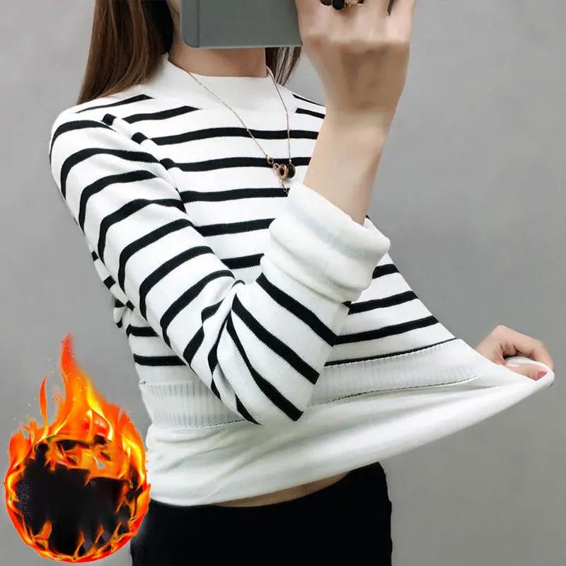 Plus aksamitna, gruba, złota, aksamitna koszula z półgolfem, damska odzież jesienno-zimowa, slim, z długimi rękawami, w paski, damska elegancka odzież