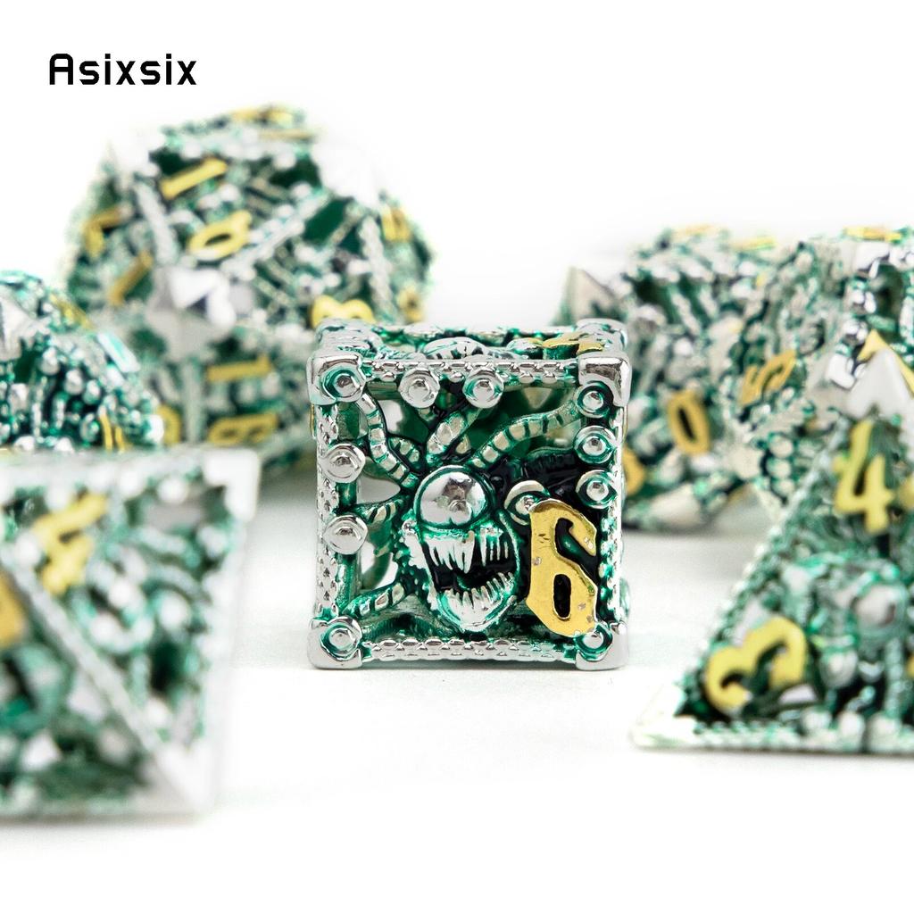 7 Pcs Silver Green Octopus Metal Dice Hollow Metal Polyhedral Dice Set Suitable for Role-Playing RPG  Board Game Card Game
