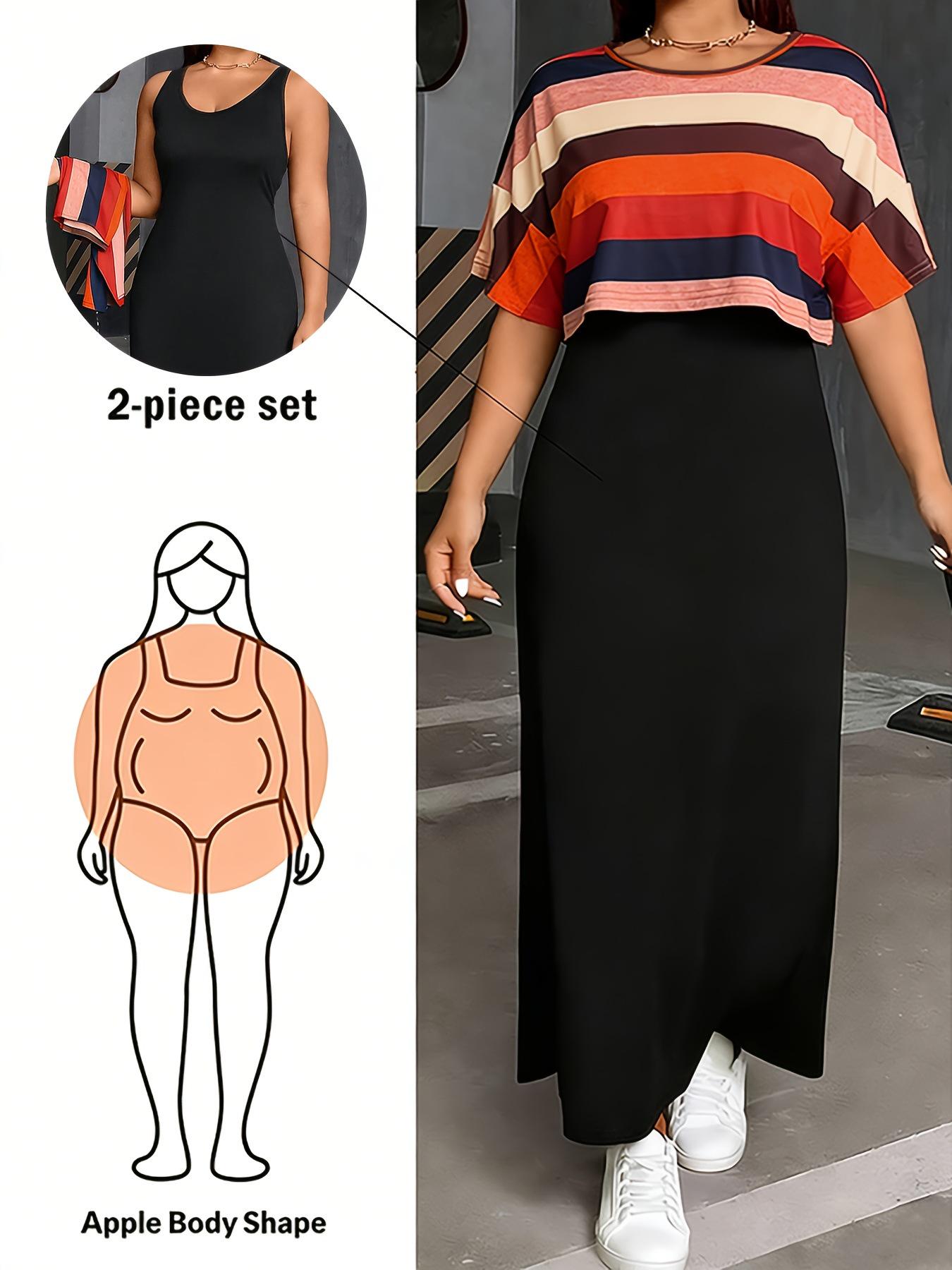 Striped Plus Size Women s Casual Two-Piece Summer Dress 2XL