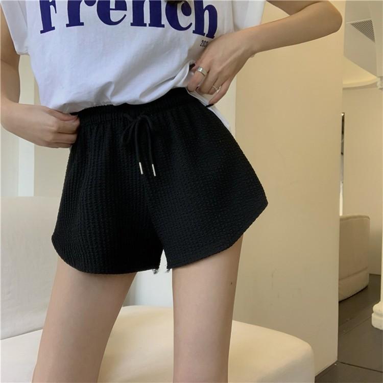 

Women s shorts waffle new summer high waist large size shorts fitness pants loose casual pants S чёрный