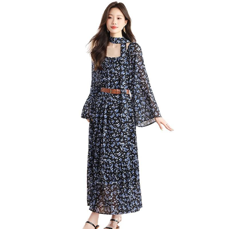 Zhu Zhu Style French Retro Floral Chiffon Dress - Autumn Slim Fit Long-Sleeve Maxi