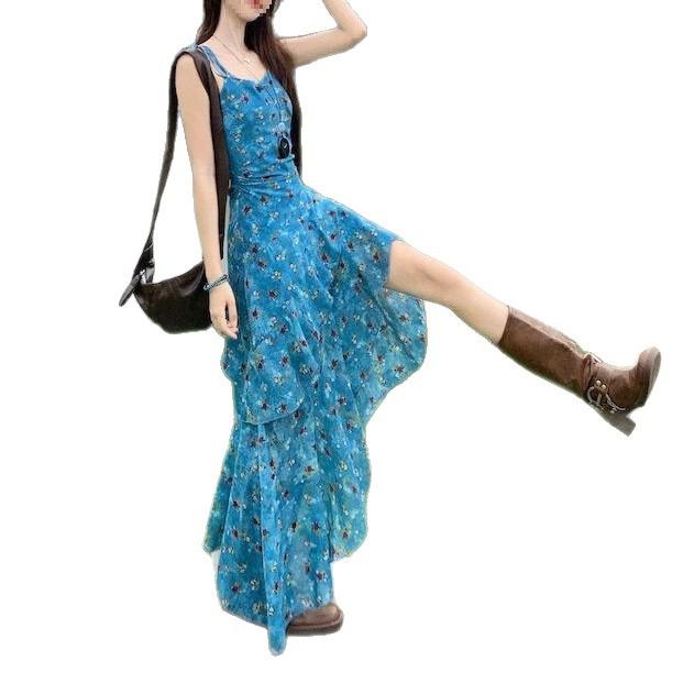 Holiday temperament floral suspender dress summer new sexy streamer blue waist dress women's clothing