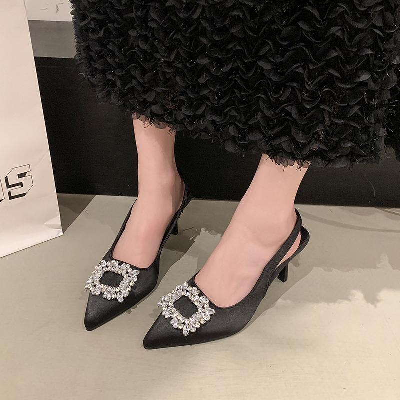 

Fashion Shoes Female 2025 Slip-on Women s High Heels Fashion Crystal Office and Career Sexy Pointed Toe Best Seller Closed Toe Sandals 35 чёрный