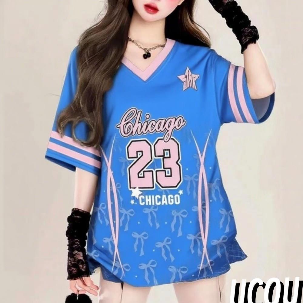 Summer Style Printed V-neck Women's Short-sleeved T-shirt, Baseball Jacket, Casual Top, Loose-fitting Women's Clothing