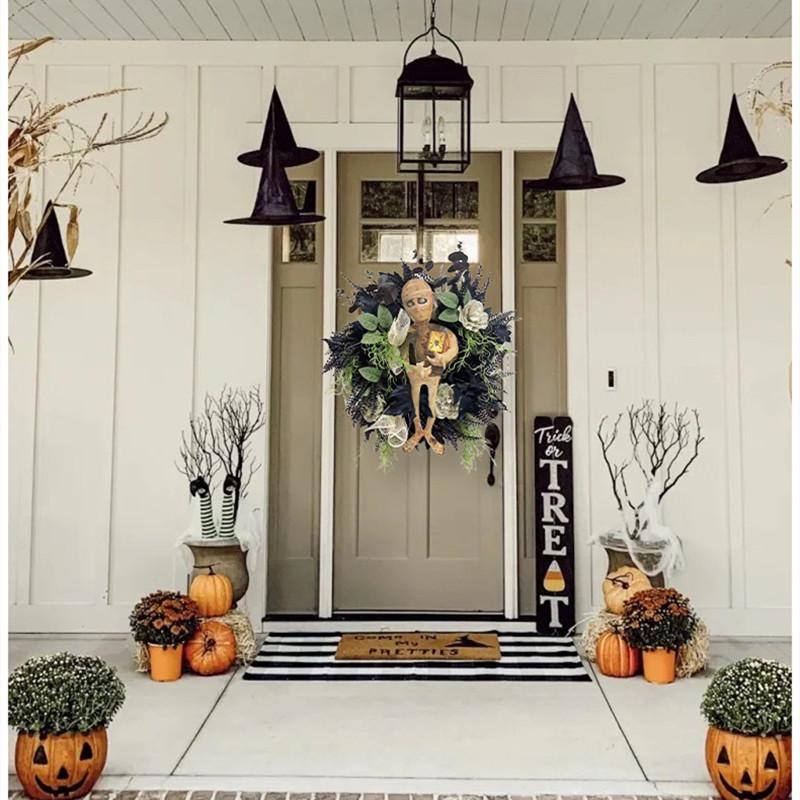 2023 New Halloween Mummy Wreath Countryside Door Hanger Wall Hanging Decor Window Decoration Simulation Garland