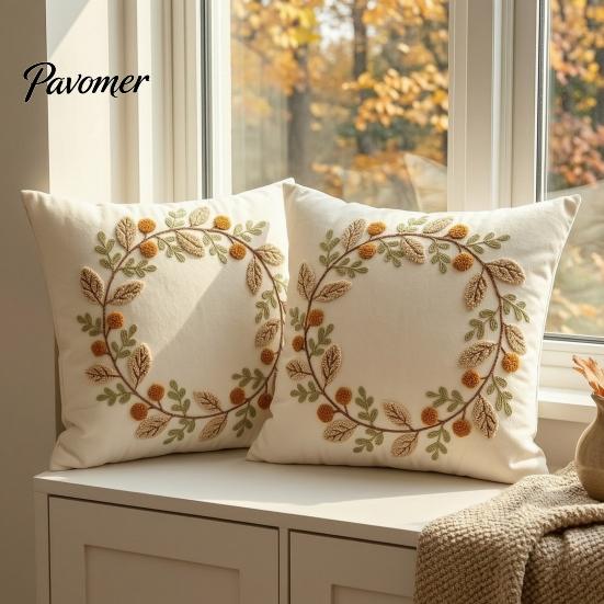 Thanksgiving Throw Pillow Covers Autumn Wreath Cushion Cover, Leaf Embroidery Autumnal Bedroom Accent Cover Case for Sofa Couch Farmhouse Home Decor,
