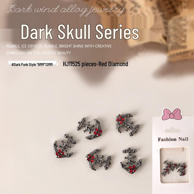 Dark Skull Retro Chrome Heart Scarlet Cross Nail Rhinestone Embellishments - 5 Pcs