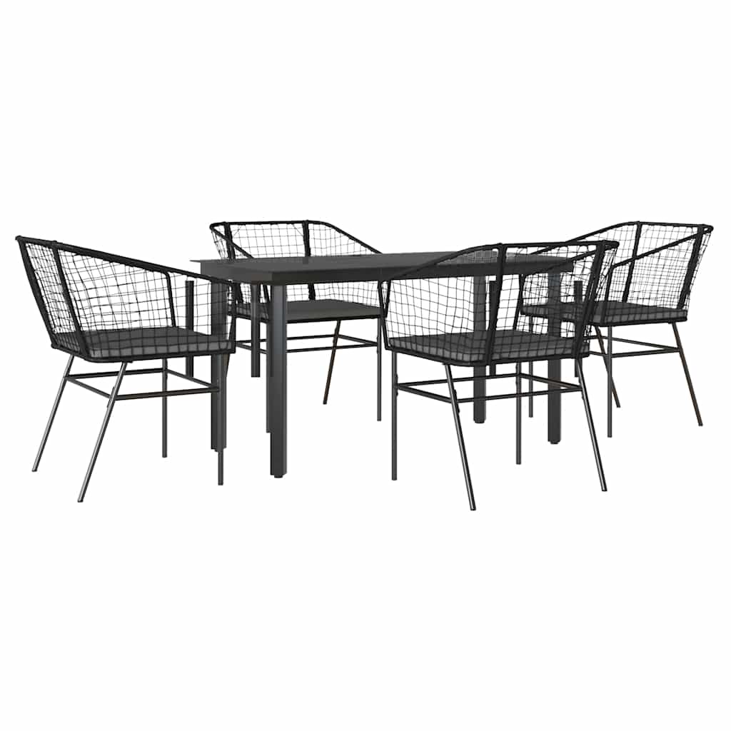 5 Piece Outdoor Dining Set with Cushions Black Poly Rattan Glass Table