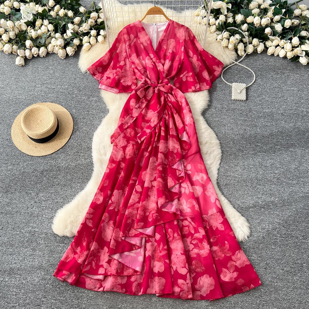 Spring women's dress French high-end strap waist V-neck irregular printed chiffon dress