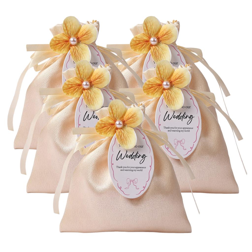 5pcs Exquisite Gift Bags,Solid-Color Satins Drawstring Bag,Flower Bridesmaid Present Candies Bag,Wedding Candies Box For Wedding