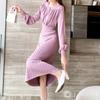 J-Scott Flared Knit Dress, Long Length, Puff Sleeves, Waistline, Pleated Skirt, Pink (JS28-PK-L) - Limited Stock