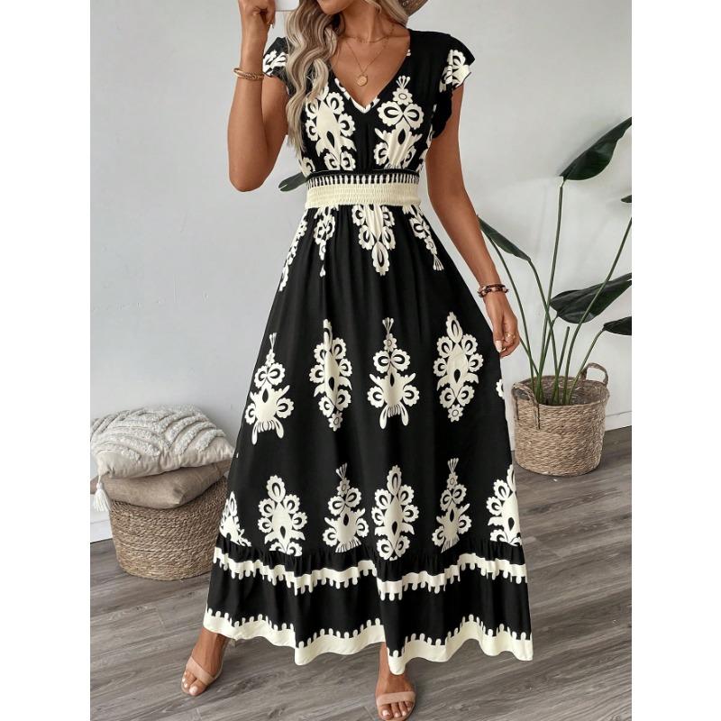 Maxi Abito da Donna Stampato Scollo a V Manica Vita Elastica Casual Boemo Estivo Abiti da Spiaggia