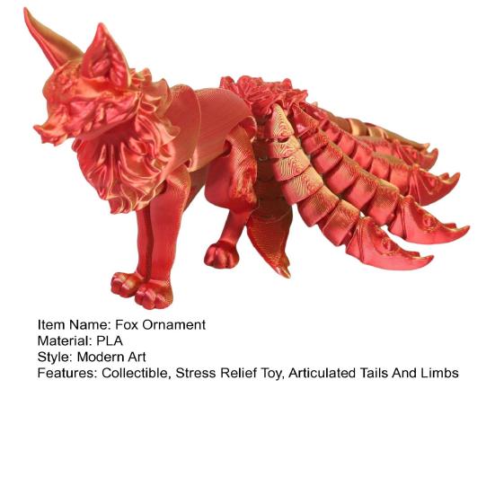 3D Printed Fox Ornament Nine Tailed Fox Figurine with Articulated Tails And Limbs Animal Action Figure Flexible Fidget Toy for Stress Relief Desk