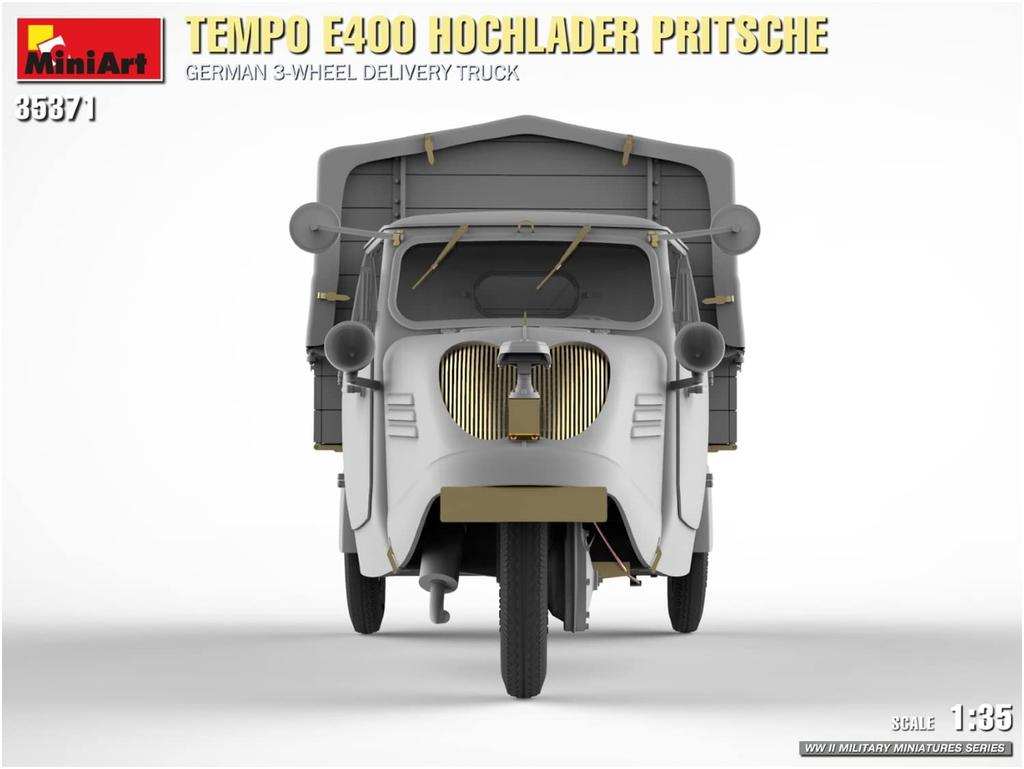 Miniart 1/35 Scale German Tempo E400 High Loader Flatbed Delivery Van, Three-Wheel Plastic Model, Model MA35371