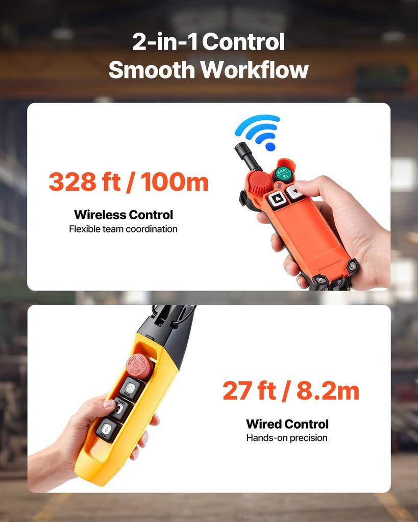 Paranco a Catena Elettrico da 2721 kg, Altezza di Sollevamento 9,1 m, Gru a Ponte Trifase con Telecomando Wireless 100 m e Cablato 8,2 m, Catena Doppia G100