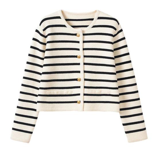 Женский свитер кардиган круглый вырез длинный рукав контрастный полосатый принт вязаное пальто S чёрный 1918₽