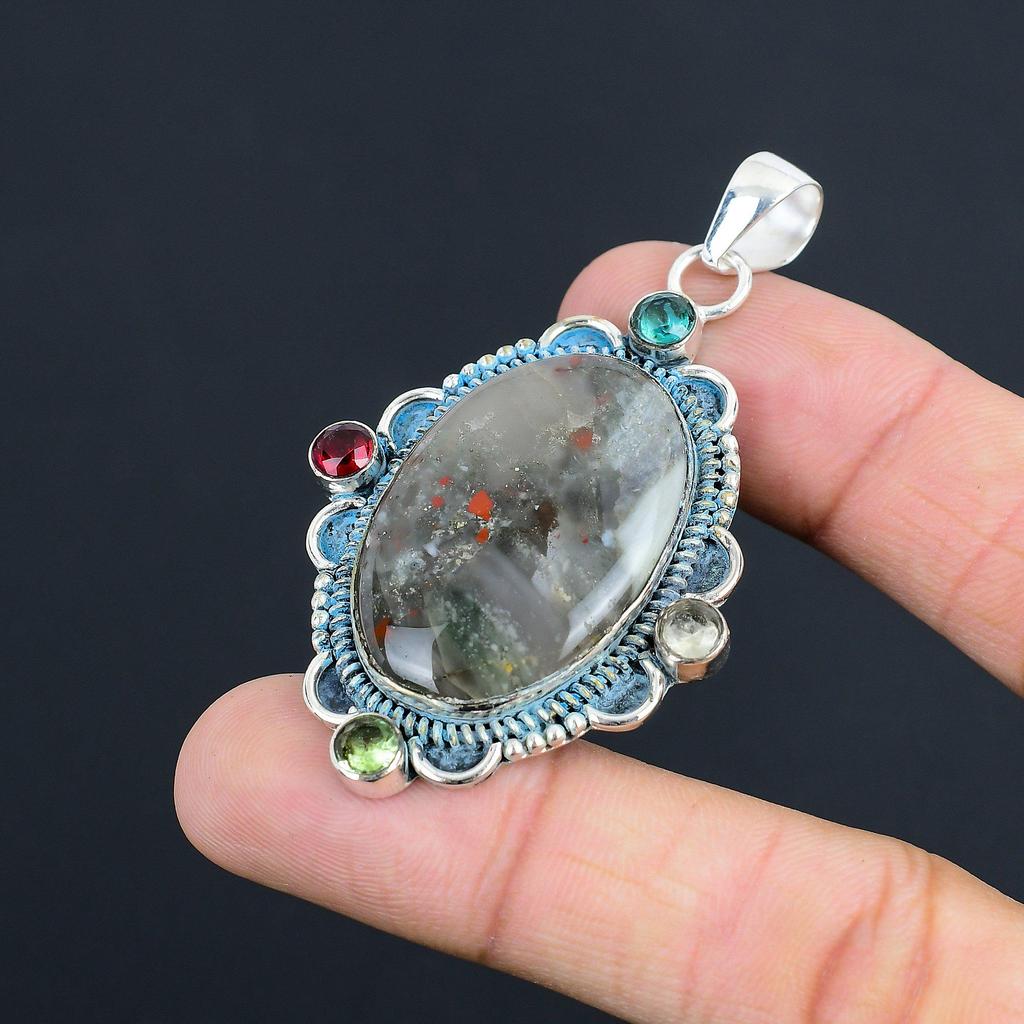 Sterling Silver Natural Tabu Jasper Mozambique Garnet Daughter Pendant Jewelry