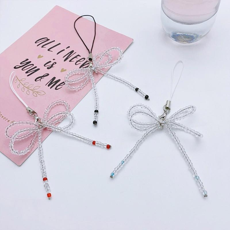 Fashion Glass Beaded Bowknot Phone Charm Straps Y2K Bag Decoration Lanyard Car Keys Hanging Pendants Purse Accessories