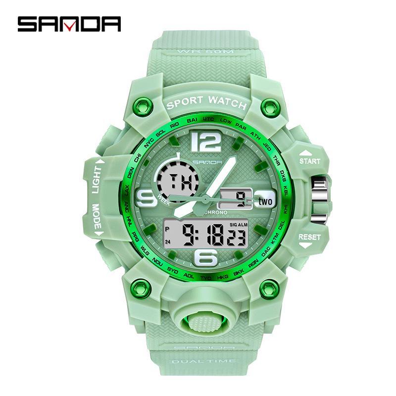 Sanda Men's Multifunctional Waterproof Green Light Countdown Watch - Korean Style with Transparent Design and Alarm.